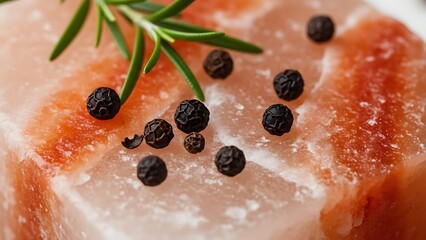 Close-up of a pink Himalayan salt block with peppercorns and rosemary sprigs, highlighting natural ingredients and culinary preparation
