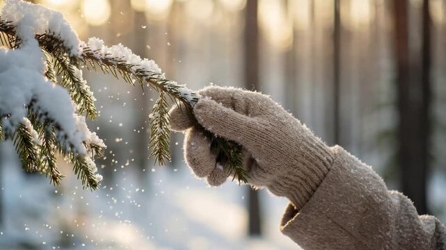 Close up of hand in woolen mitten touching snow covered spruce branch in forest. Soft golden sunset light. Winter atmosphere.