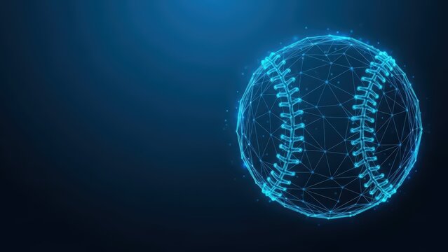 Digital baseball rendered with a glowing blue wireframe mesh against a dark blue background symbolizing technological advancements in sports and data analytics