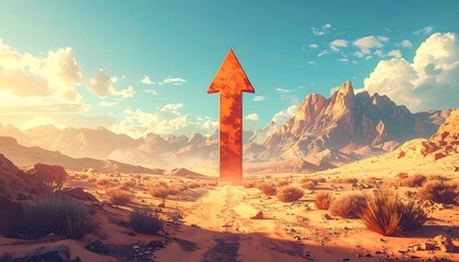 Large Orange Arrow Pointing Upwards in Desert Landscape.