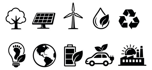 Obraz premium Modern glyph environmental set featuring renewable energy sources and green technology symbols for sustainability