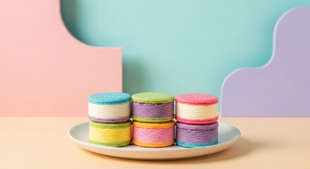 Stack of colorful ice cream sandwich cookies on a white plate against a pastel background