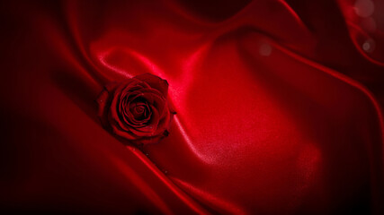 A single red rose on a luxurious red satin fabric background with soft folds and warm