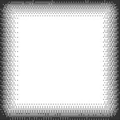 Halftone vignette square frame with pixelated dot border fading to white center. Retro digital gradient background with vintage comic effect. Abstract monochrome vector illustration.