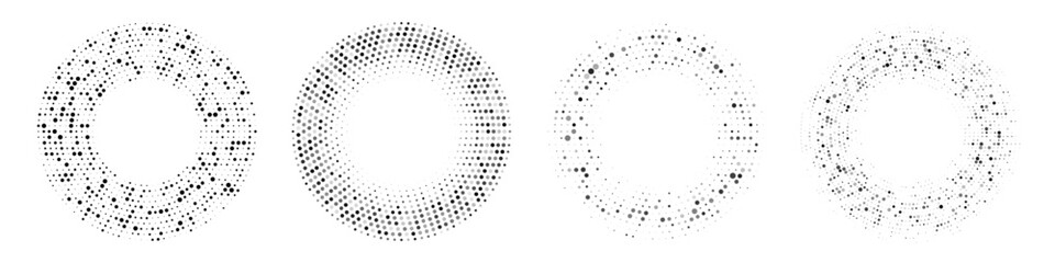 Halftone circle frames with dotted gradient effect. Abstract round borders made of random black and gray dots on white background. Minimalist style vector illustrations set.