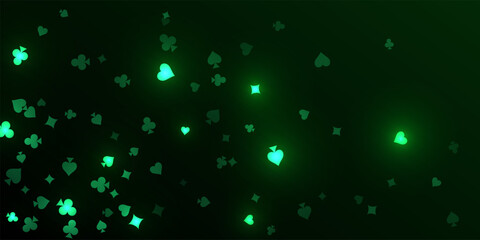 Casino pattern. Green flying glowing playing cards on black background. Sparkling hearts, clubs, diamonds and spades on dark. Online casino concept. Luxury vector illustration.
