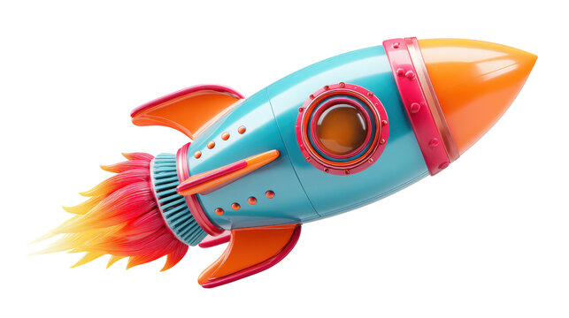 3D cartoon rocket with colorful flames and smooth surfaces, isolated on a Transparent background, PNG file.
