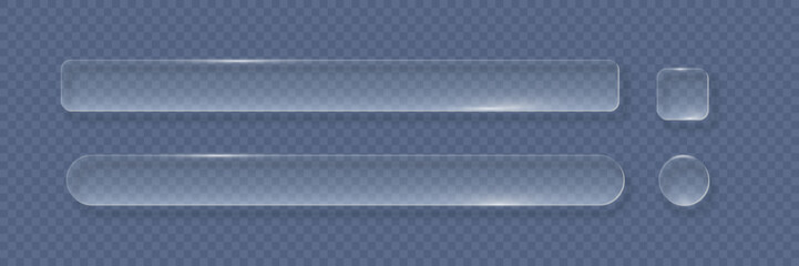 Transparent glass buttons. Liquid glass design elements with morphism effect. Modern digital interface icons for web and app design with rounded frame and subtle shadow. Vector illustration