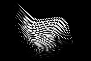 Abstract dotted wave. Halftone curved shape in white color isolated on black background. Curved and twisted gradients form. Trendy graphic vector illustration.