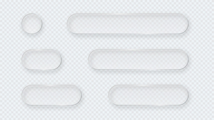 Transparent glass buttons. Liquid glass design elements with morphism effect. Modern digital interface icons for web and app design with rounded frame and subtle shadow. Vector illustration.