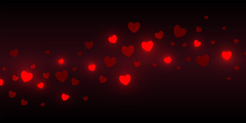 Heart romantic background. Red Valentine day card. Bright glowing hearts float across dark backdrop with soft light halos and smooth blur effect. Dreamy elegant vector illustration.
