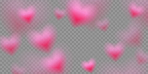 Heart romantic background. Pink Valentine day card. Soft pink glowing hearts float on transparent backdrop with blurred edges and gentle light haze. Dreamy pastel vector illustration.