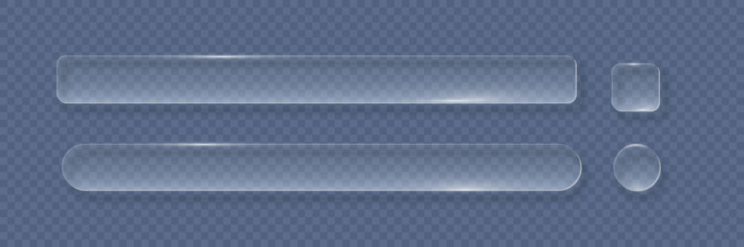 Transparent glass buttons. Liquid glass design elements with morphism effect. Modern digital interface icons for web and app design with rounded frame and subtle shadow. Vector illustration