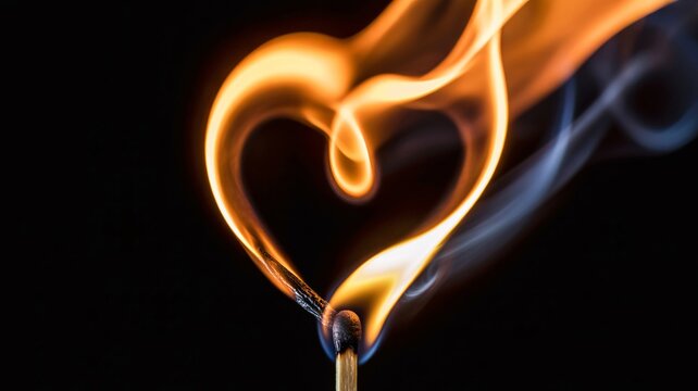 Burning match forming heart shape flame on black background with smoke with love and romance and passion and fire and valentine