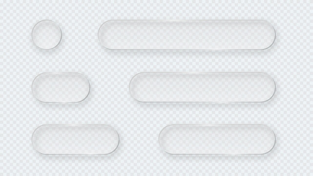 Transparent glass buttons. Liquid glass design elements with morphism effect. Modern digital interface icons for web and app design with rounded frame and subtle shadow. Vector illustration.
