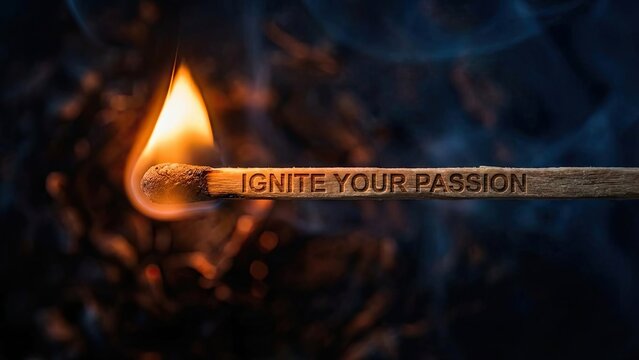 A wooden matchstick with the words Ignite Your Passion engraved, burning with a bright flame against a dark, fiery background, symbolizing inspiration and drive.