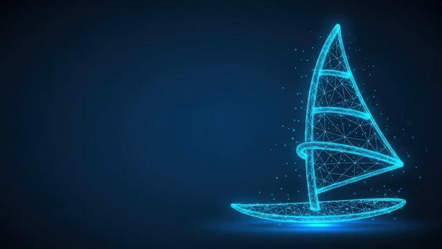 Digital wireframe windsurf silhouette glowing with electric blue lines on a dark background