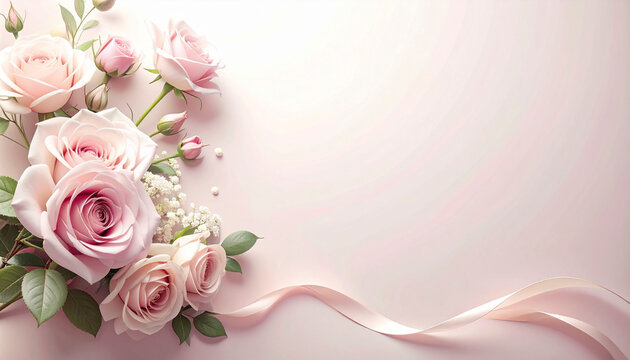 ピンクと白のバラの花とリボンのフレーム背景素材 文字入れ用コピースペース