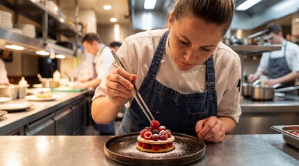 Culinary Artisan: A focused chef meticulously arranges a dessert with precision in a bustling kitchen, a testament to culinary skill and artistry.