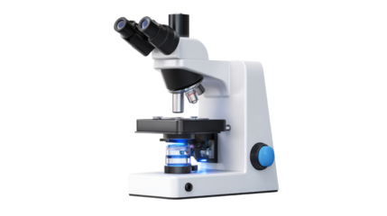 3d microscope with illuminated lenses background isolated on a Transparent background, PNG file.