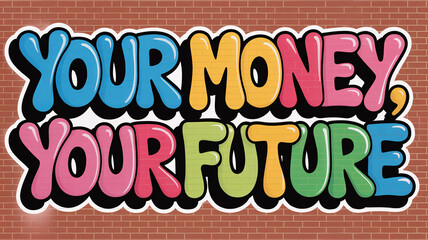 Colorful graffiti wall art illustration featuring "YOUR MONEY, YOUR FUTURE" text concept about financial planning.