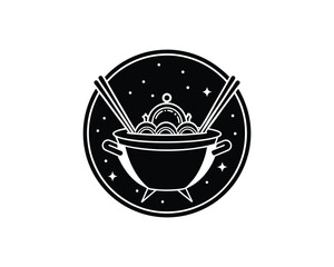 Black and White Icon of a Steaming Bowl of Noodles with Chopsticks and Stars food
