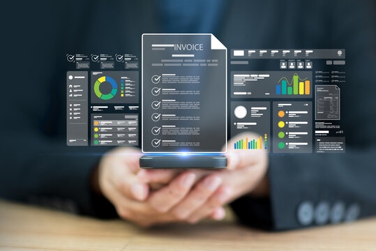 Enterprise company management utilizes digital technology handling business finance money cost inspecting online account payment invoice form pay accountant system.