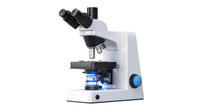 3d microscope with illuminated lenses background isolated on a Transparent background, PNG file.