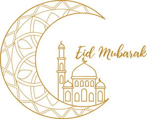 Minimalist Eid Mubarak greeting card design with mosque and crescent moon