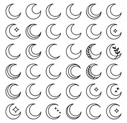 Moon crescent icon set. Different shapes of moon. Vector design elements.