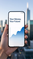Hand holding smartphone showing rising graph and "Your Money, Your Future" text against city skyline