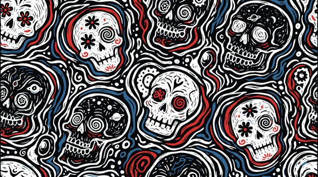 Psychedelic Sugar Skulls Seamless Pattern: Day of the Dead Vector Art