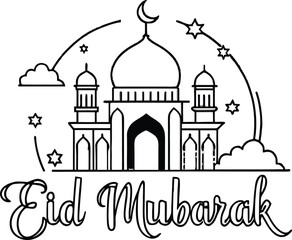 Minimalist Eid Mubarak greeting card design with mosque and crescent moon