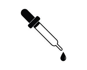 Black outline dropper with a single drop of liquid on white background pipette science