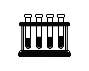Black outline rack of four test tubes with liquid on white background laboratory science