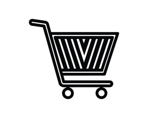 Black outline shopping cart icon with wheels and handle on white background trolley commerce