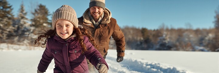 Child running through deep snow with parent following behind
