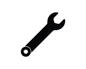 Black silhouette of a combination wrench on a white background Keywords: wrench, tool, spanner, hardware, equipment, mechanical, engineering