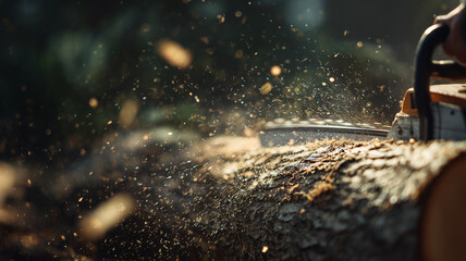 Forest logging scene with chainsaw cutting wood.