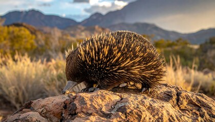 Porcupine on Rocky Outcrop in Desert Landscape.