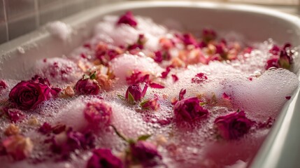 A close-up of a filled tub, bubbly pink water scattered with rose petals and buds, peaceful and inviting