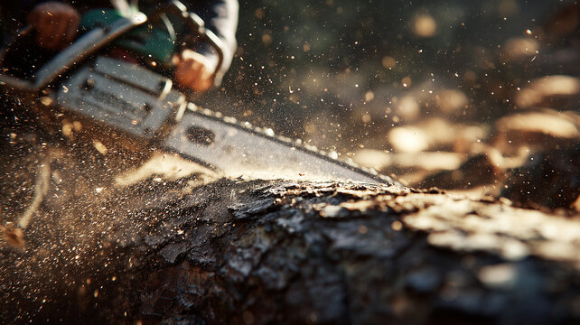 Forest logging scene with chainsaw cutting wood. - Powered by Adobe