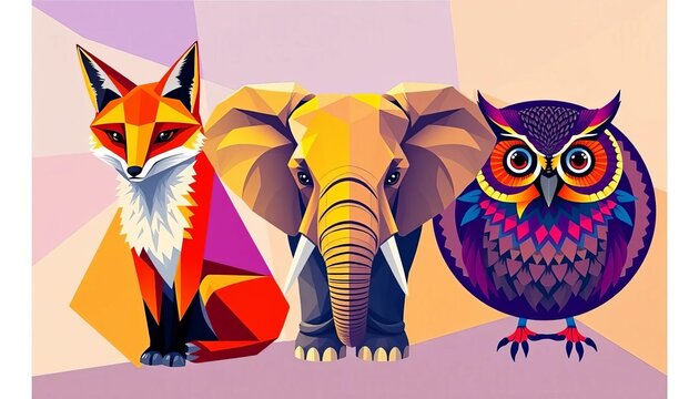 A triangular fox, square elephant, and circular owl in a vibrant, geometric style,  contemporary,  nature