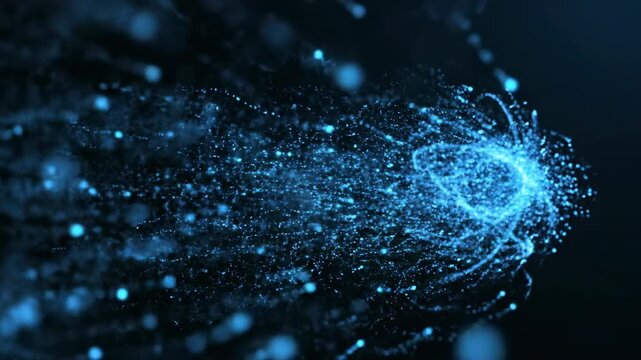 Abstract blue digital particles flowing across a dark background representing data transfer, electronic communication, and medical network connectivity science, future technology, futuristic design