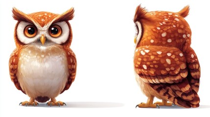 A cartoonish illustration of two red owls with big eyes: one faces forward with a fluffy white belly, the other turns its back showing spotted wings.
