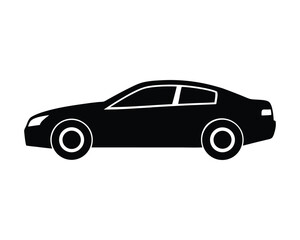 Black silhouette of a sedan car viewed from the side on white background automobile vehicle