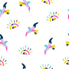 Seamless Pattern of Abstract Flying Birds and Sunburst Icons in Pop Art Style. Vibrant Seagull and Sunrise Graphic