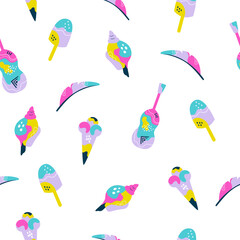 Seamless Pattern of Summer Vacation Icons with Vibrant Pop Art Colors on White Background. Modern Artistic Summer Life Illustration