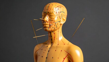 Acupuncture Model with Needles on Gray Background.
