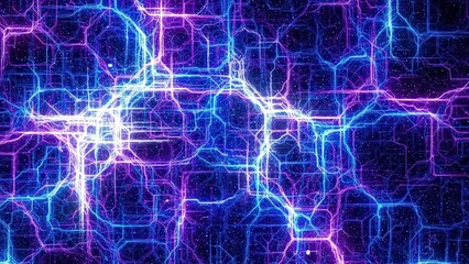 Intense blue and purple neon light flows through an intricate abstract network, creating a vibrant digital art background with futuristic electric energy.